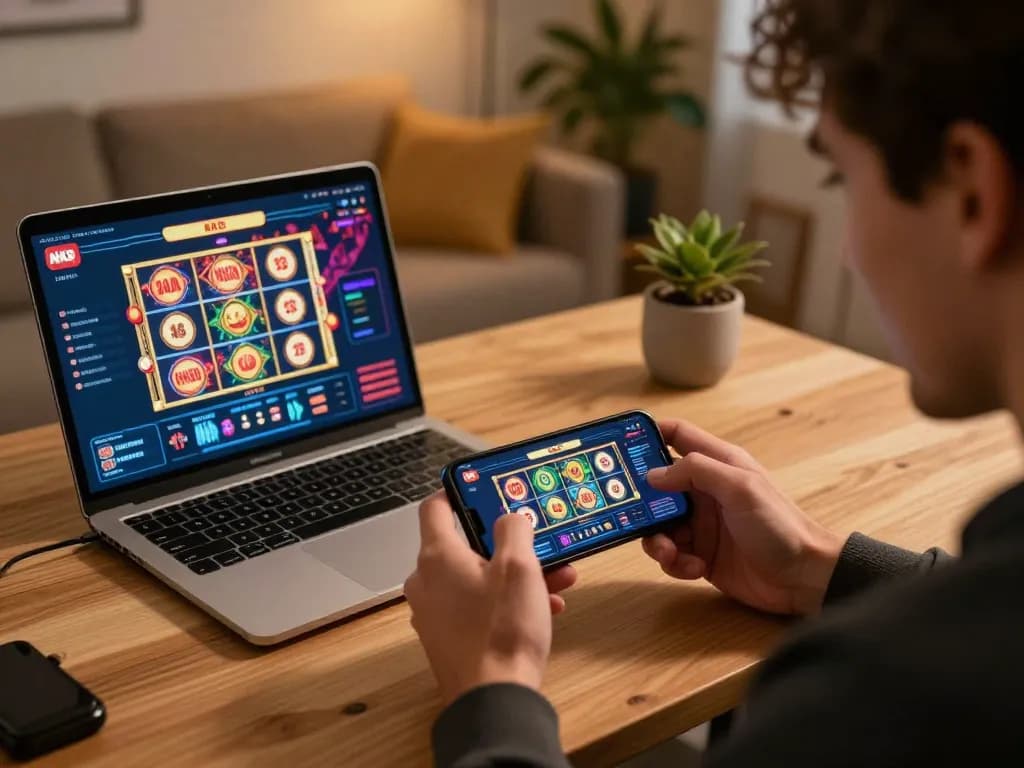 nk88 win with exciting slot game on smartphone in cozy home gaming setup