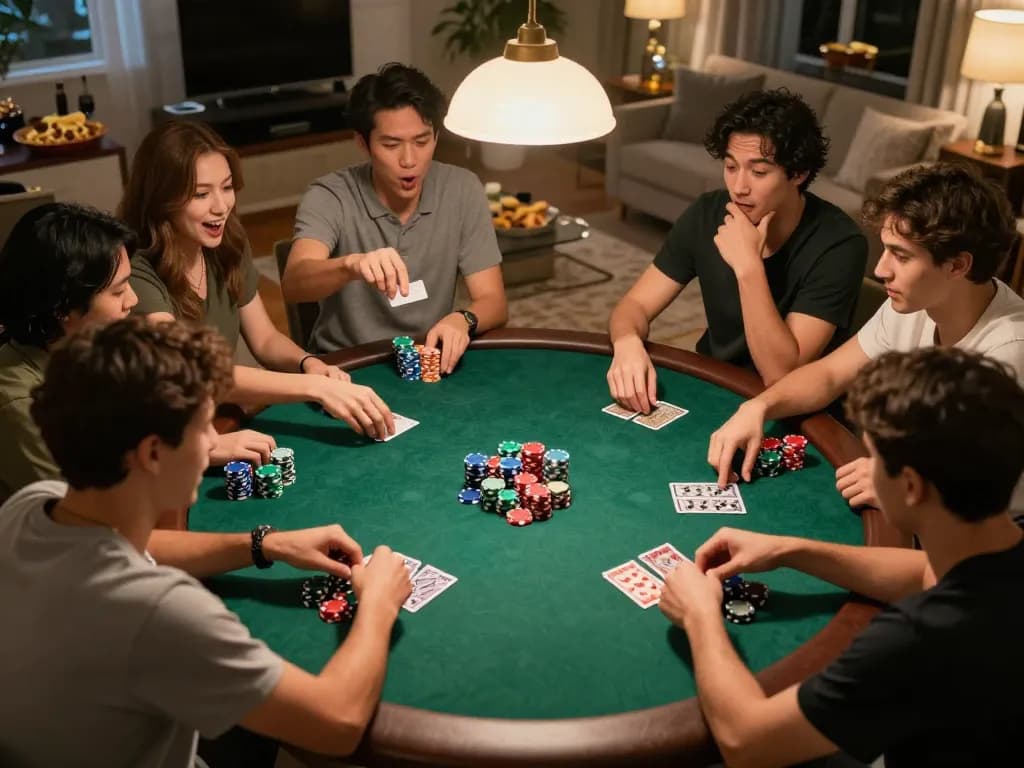 Friends playing poker at home, showcasing LV88 excitement and strategic gameplay.