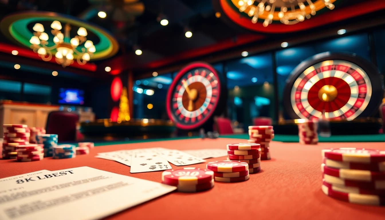Exciting gaming table scene showcasing 8k bet excitement with poker chips, cards, and roulette wheel.