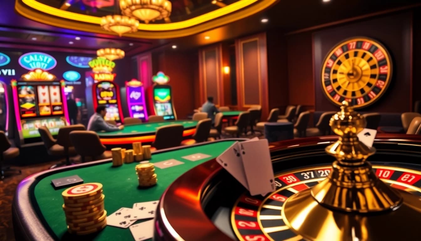 Experience excitement at 68VIP with vibrant casino tables, poker chips, and spinning roulette wheels.