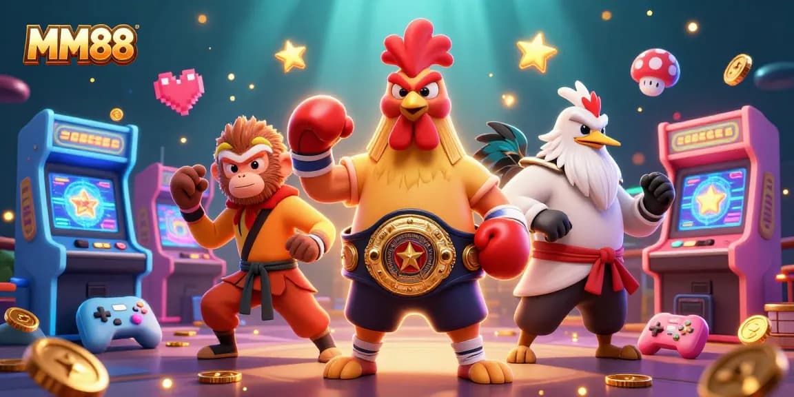 Engage with MM88's vibrant gaming world through a dynamic 3D illustration featuring a Muay Thai rooster, a martial arts monkey, and a wise crane, set against a lively casino backdrop.