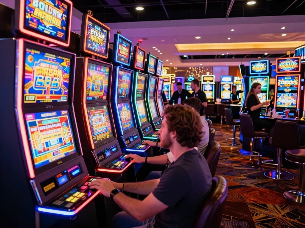 Players enjoying SC88 slot machines with vibrant lights in a lively casino setting