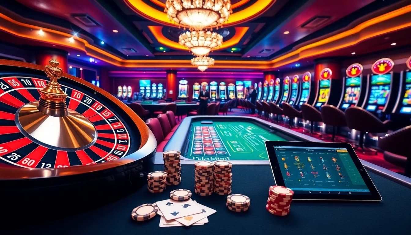 I9BET online casino featuring roulette, blackjack, vibrant lights, and poker excitement.