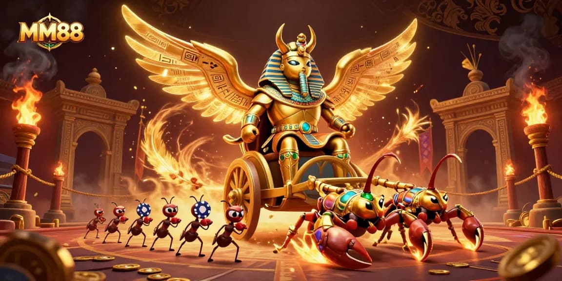 Experience MM88's thrilling casino scene with a colossal scarab beetle, dynamic gameplay elements, and rich, vibrant details.