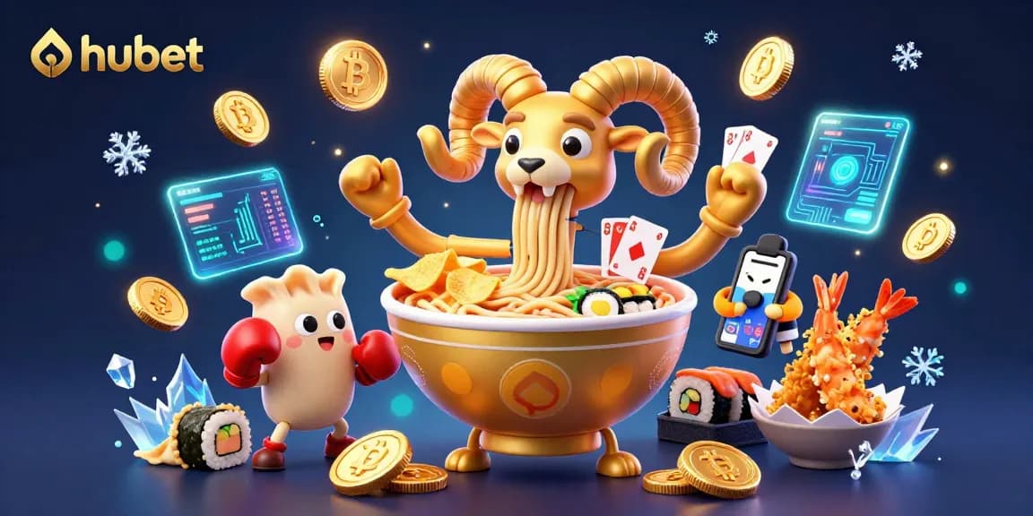 Hubet promotes thrilling card dealing action in a vibrant, colorful casino scene featuring crypto elements.