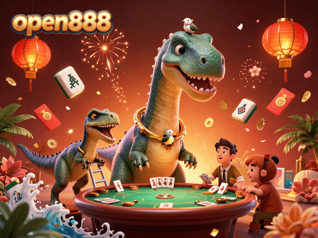 open888 captures thrilling casino action with a brontosaurus overseeing poker chaos