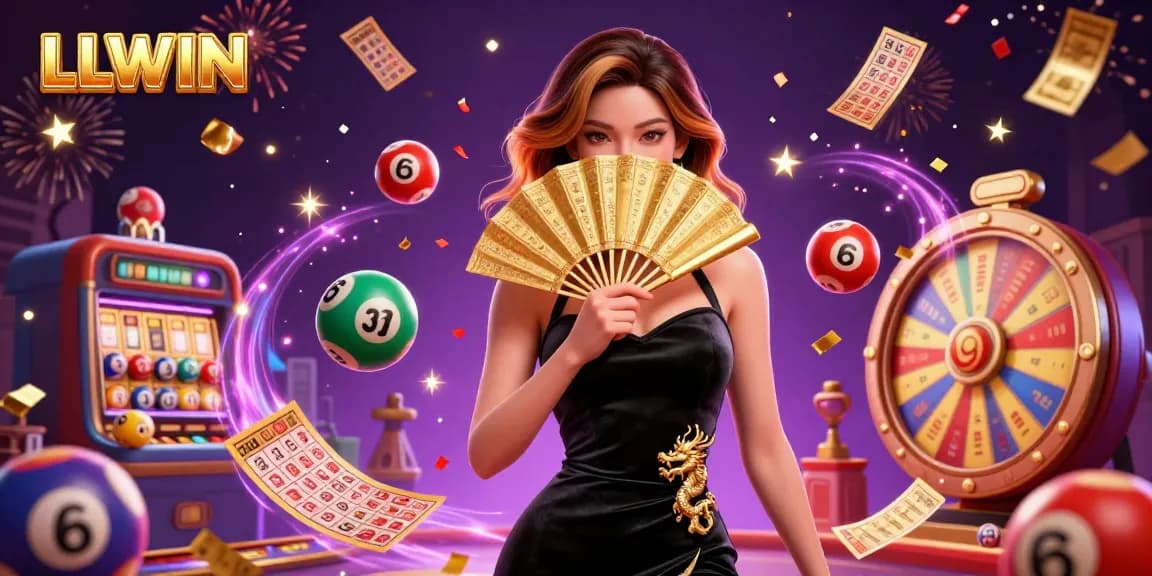 Win big with LLWIN's vibrant casino experience, featuring lottery balls, golden prizes, and a captivating atmosphere.