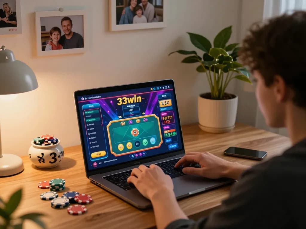 Engaged player enjoying 33win online casino games on a laptop in a cozy workspace.