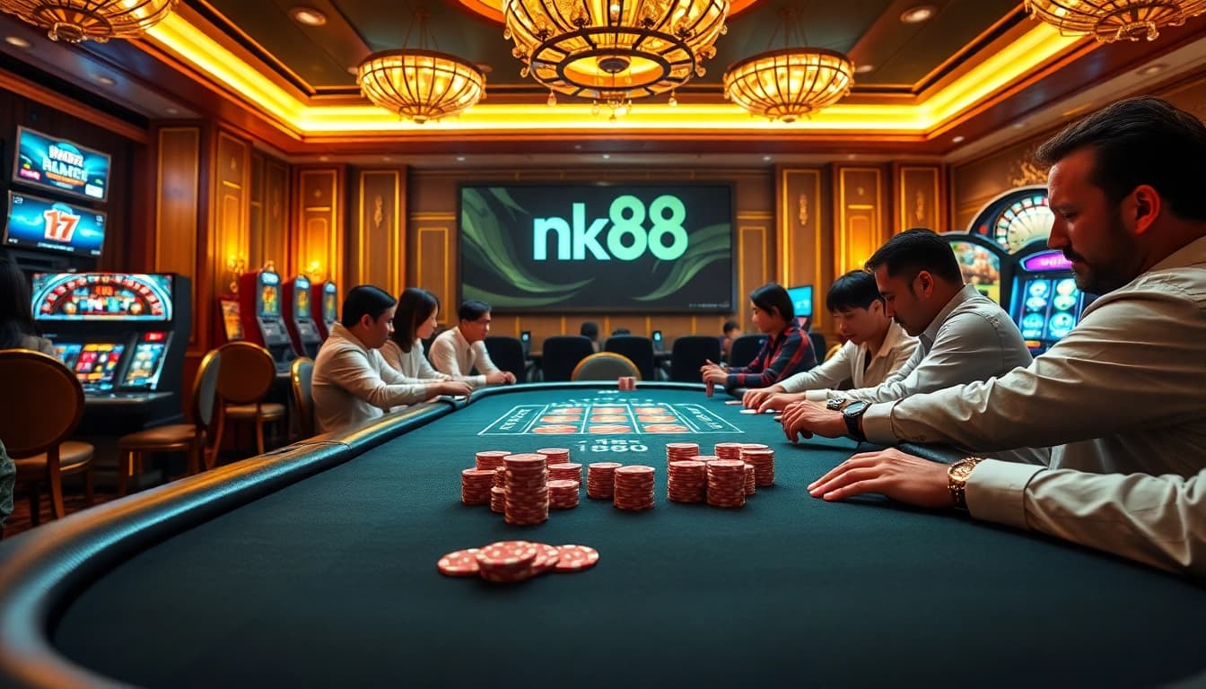 Experience lively poker action at nk88 casino, with players and vibrant chips in a luxurious setting.