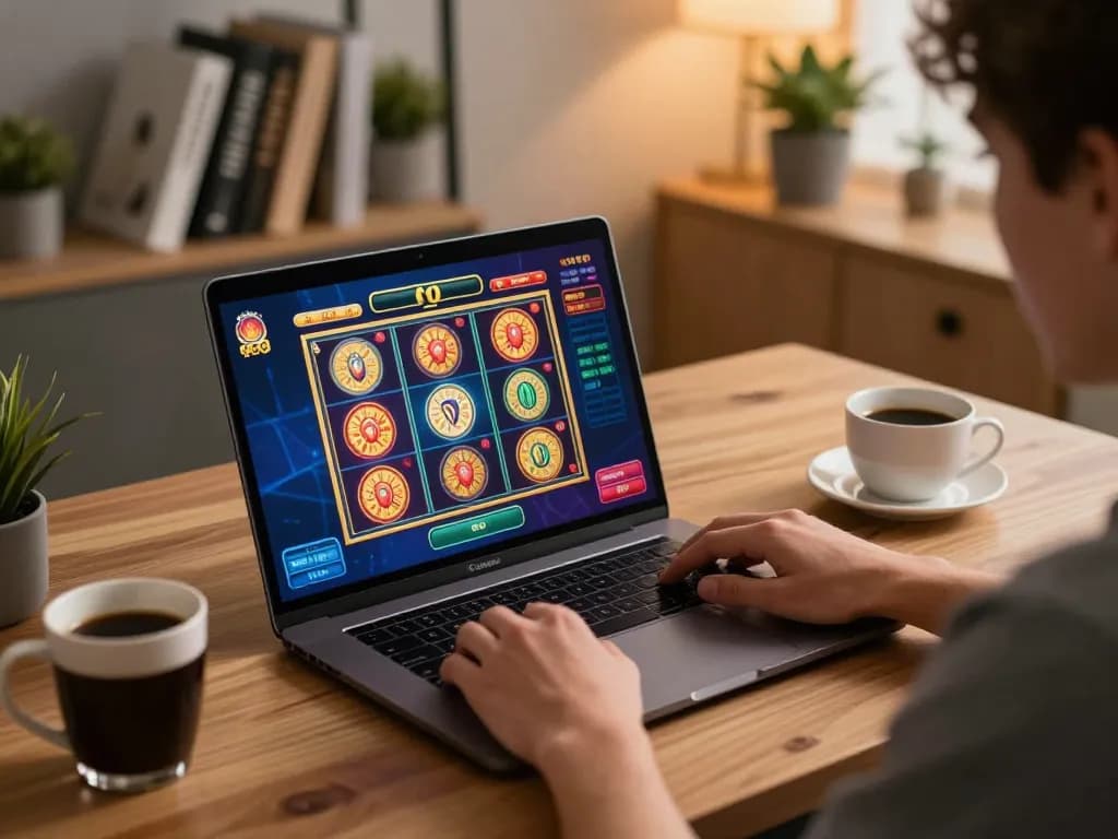 Player enjoying s666no1 online slots in a cozy home setup with ambient lighting