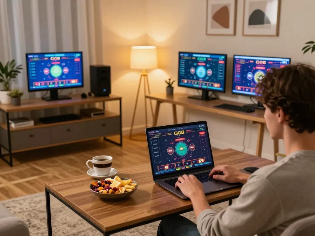 GO8 user placing bets online at a cozy home setup, showcasing engaging casino interface.