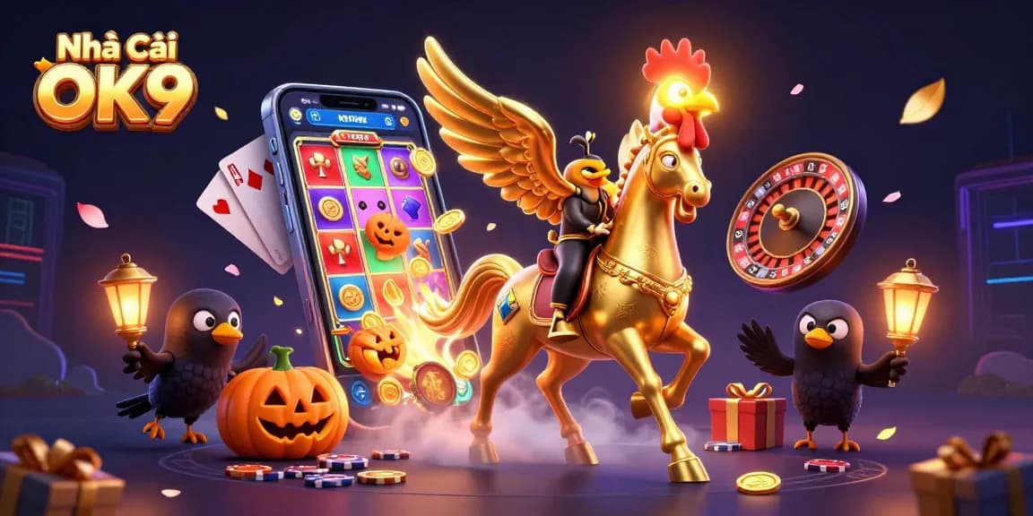 Play exciting games at Nhà Cái OK9 in a vibrant, interactive casino scene filled with thrilling elements.