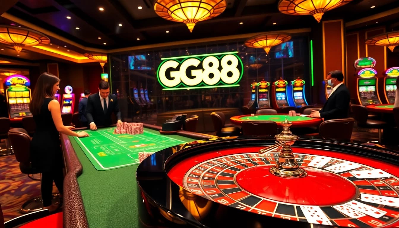GG88 integrates excitement with a vibrant casino atmosphere featuring roulette and luxury gaming elements.