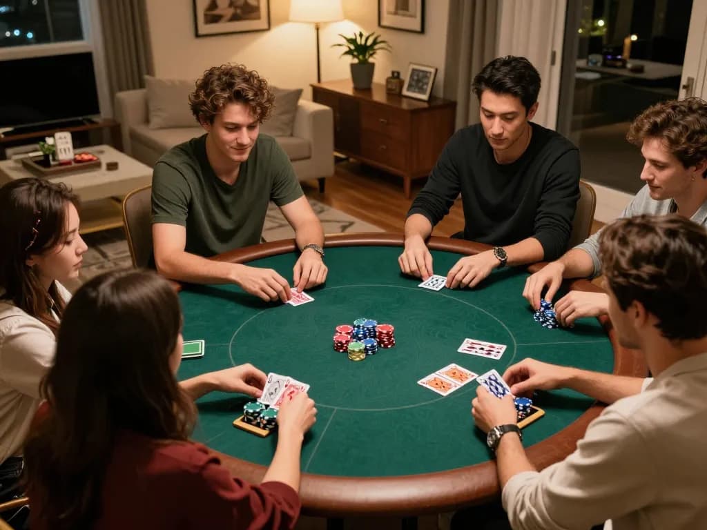 33win players enjoying a friendly poker game night with chips and cards at a cozy table