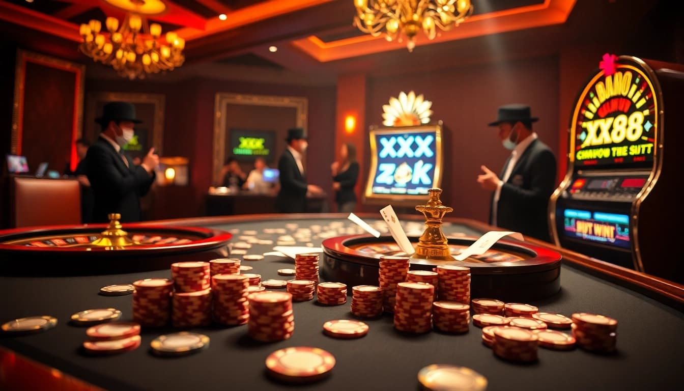 A thrilling casino scene at XX 88 with poker chips, roulette wheel, and vibrant gaming tables.
