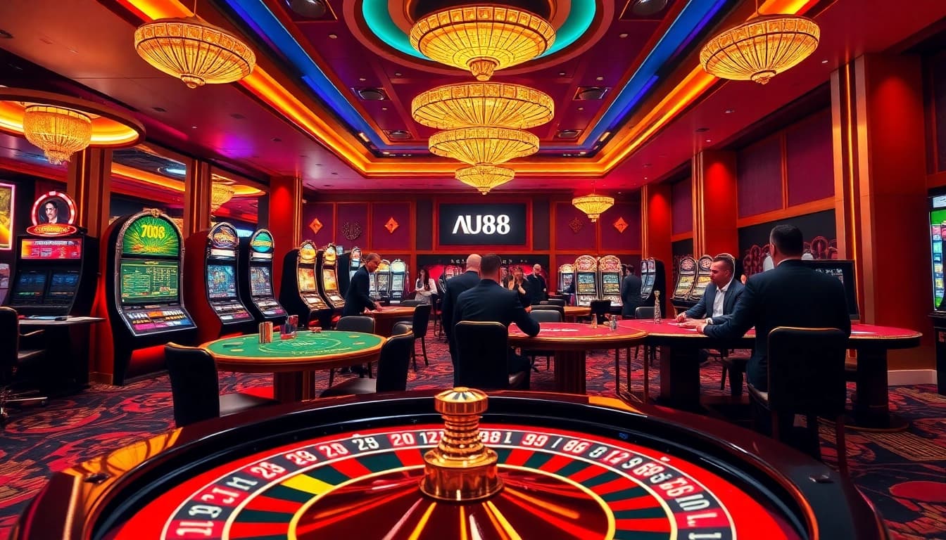 AU88 gaming floor showcasing vibrant casino atmosphere with tables and excitement.