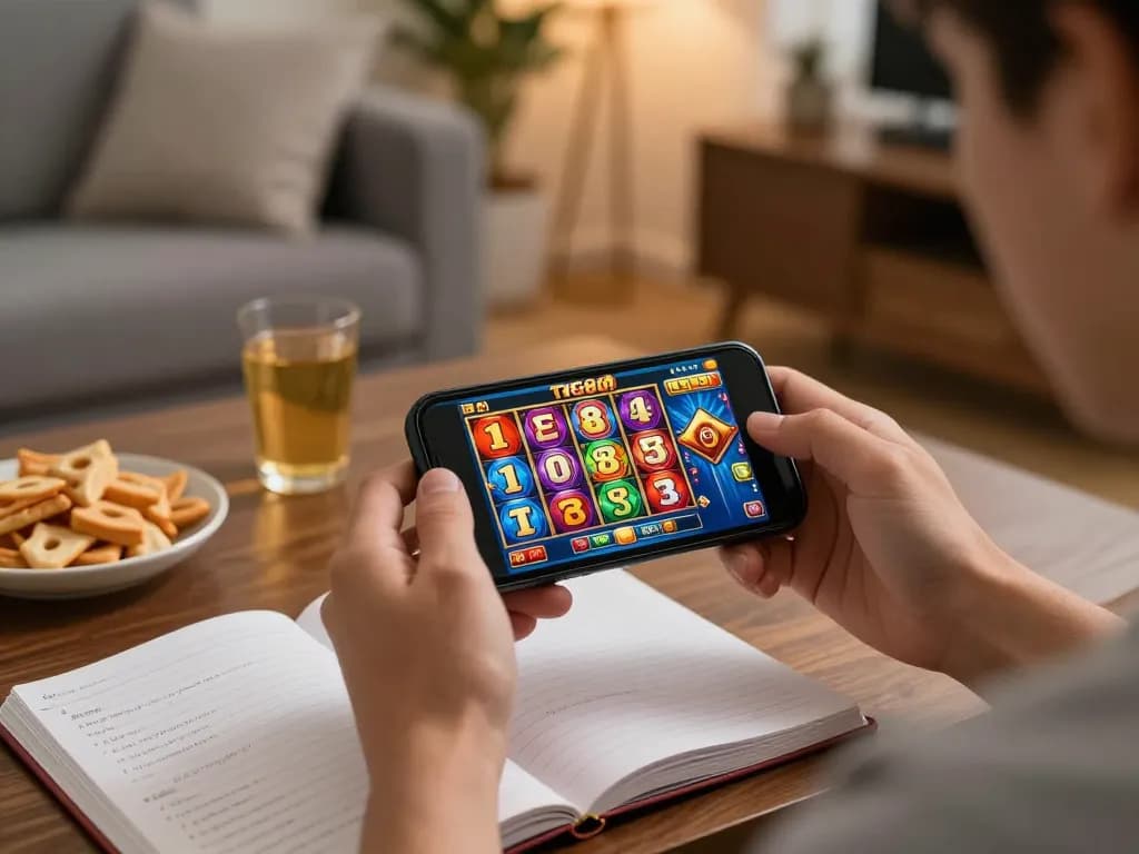 Engaging in a TG88 game on smartphone, showcasing vibrant slot interface and cozy gaming atmosphere