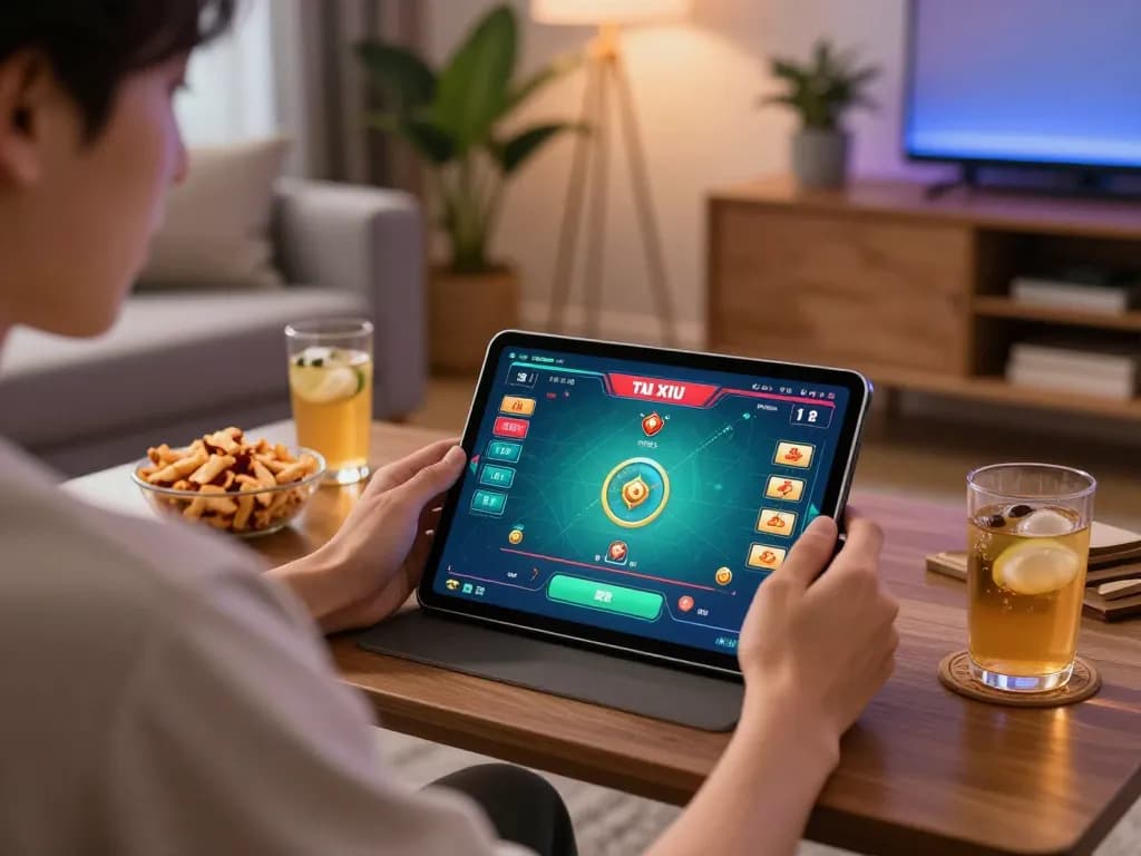 Tai Xiu online gameplay in a cozy home setting with a tablet interface and snacks.
