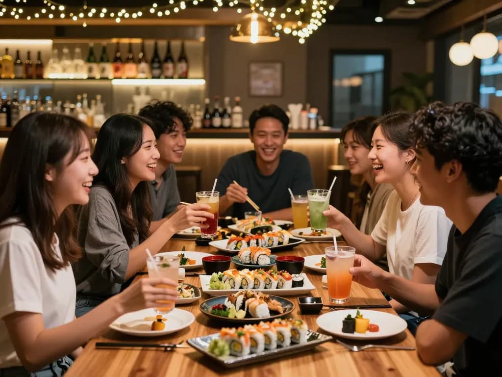 Friends enjoying sushi at RED88 Asian Bistro, showcasing vibrant dishes and lively atmosphere.