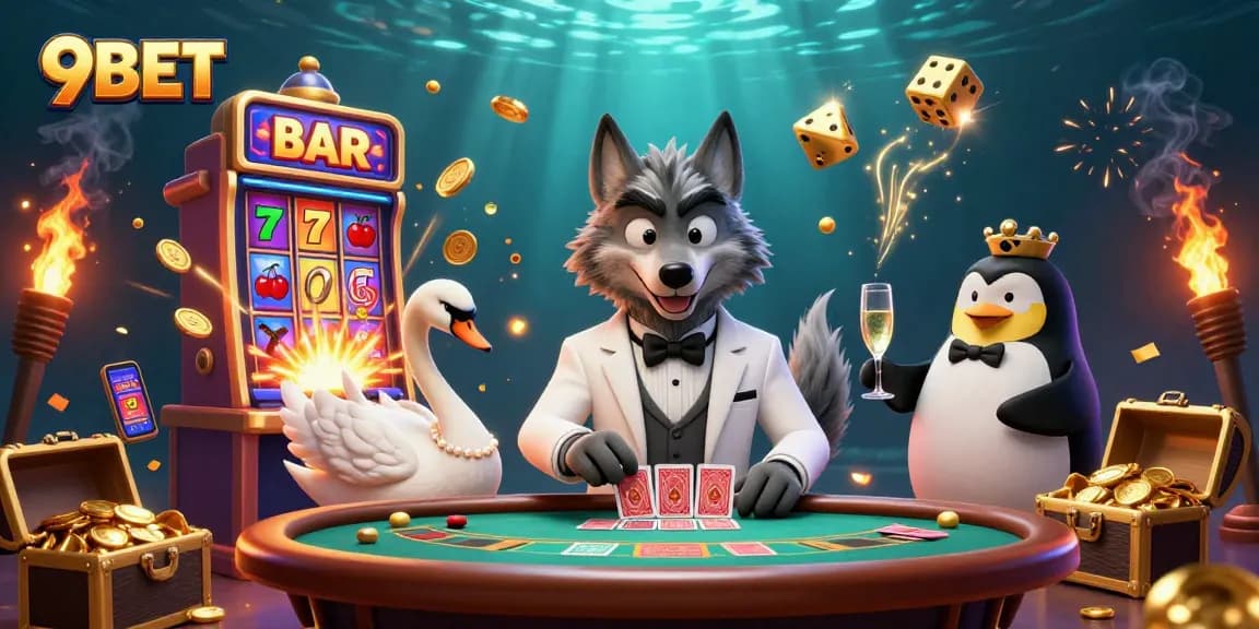 Experience thrilling gaming adventures with 9BET's vibrant casino scene featuring exciting characters and dynamic elements.