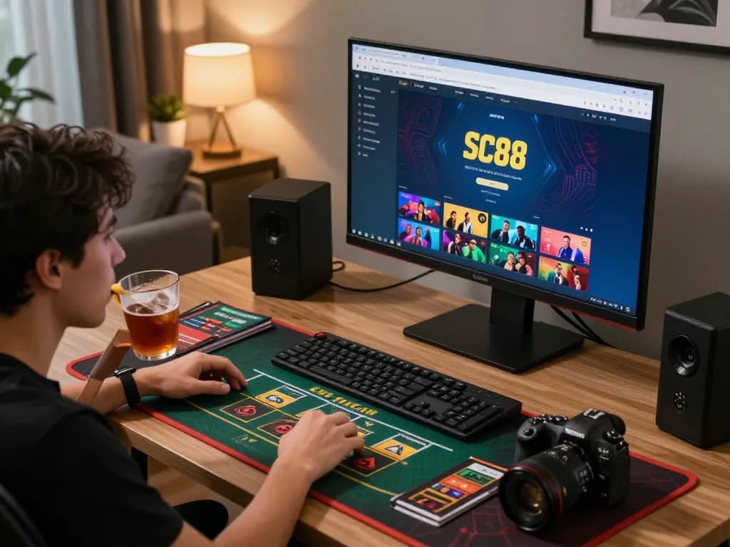 Engaging in online live dealer games on the SC88 platform in a stylish home office setup.