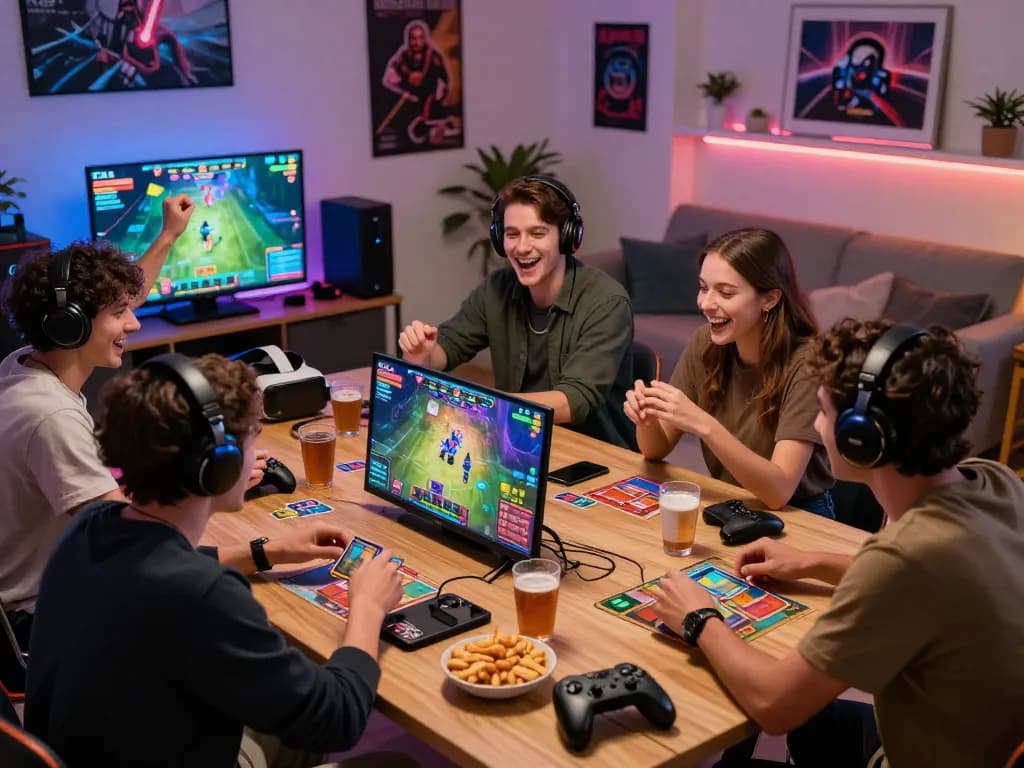 Friends enjoying a virtual card game on Rikvip with snacks and gaming gear.