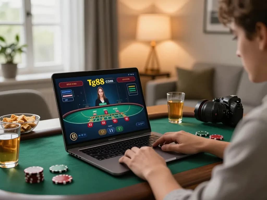 Player enjoying a live dealer game on laptop at tg88 com, engaged in strategic gameplay.