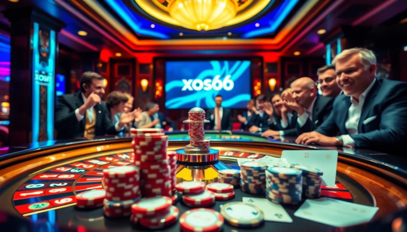 Xoso66 players enjoying an exciting game at a luxurious casino with roulette and poker chips.