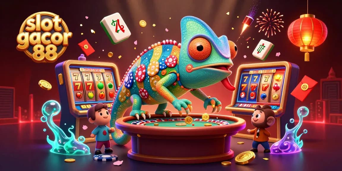 Engage with slot gacor 88 in a vibrant scene featuring a multicolored chameleon, slot symbols, and festive decorations.