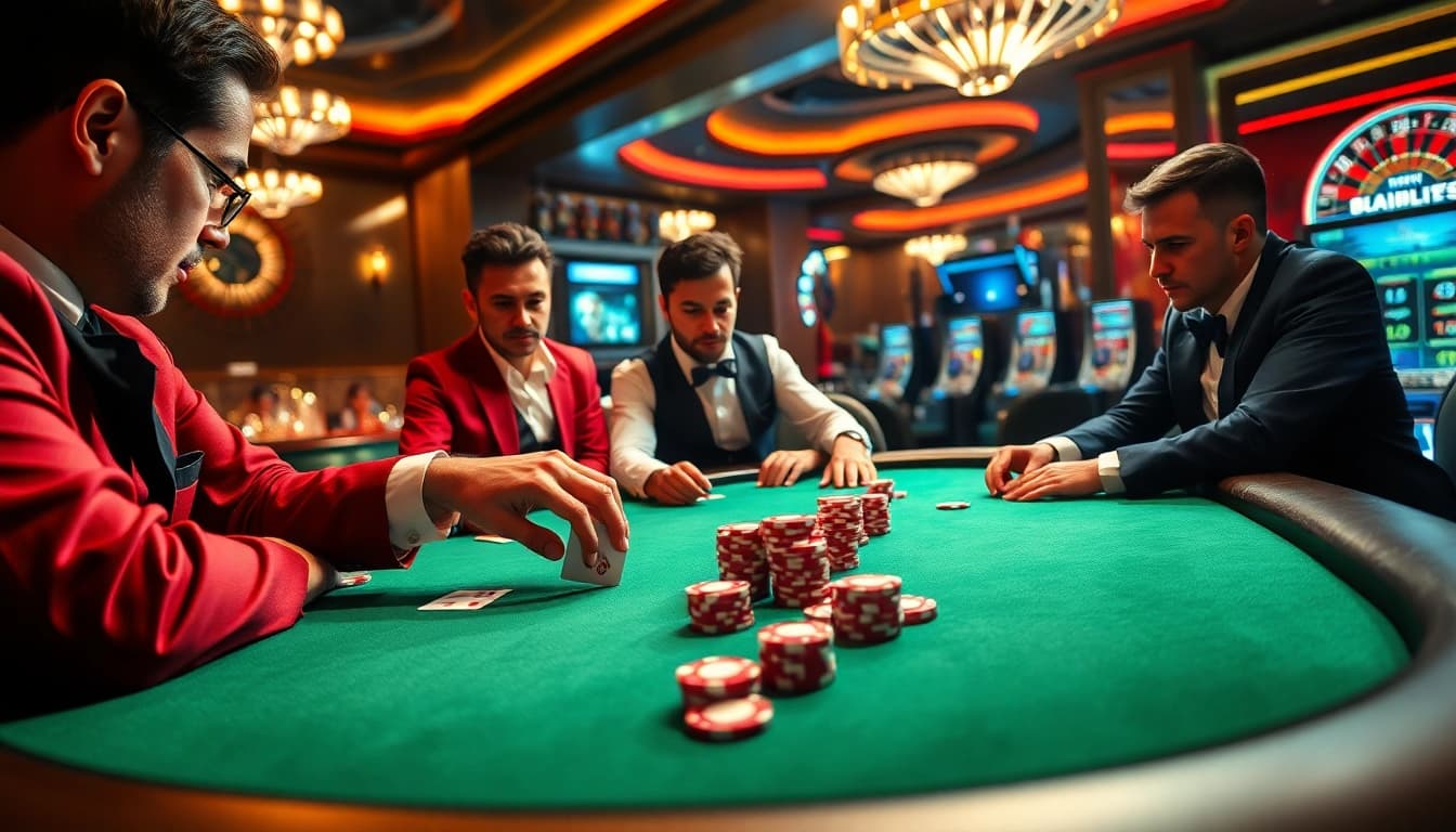 Intense poker showdown at https://vn88.directory/ with players strategizing and chips in action.