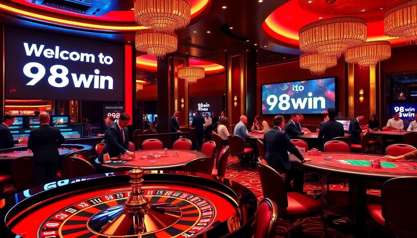Experience high-stakes gaming at 98win with vibrant poker tables and roulette wheels.