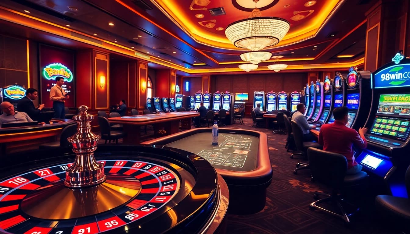 A vibrant casino scene showcasing thrilling games at 98win com with poker tables and spinning roulette.