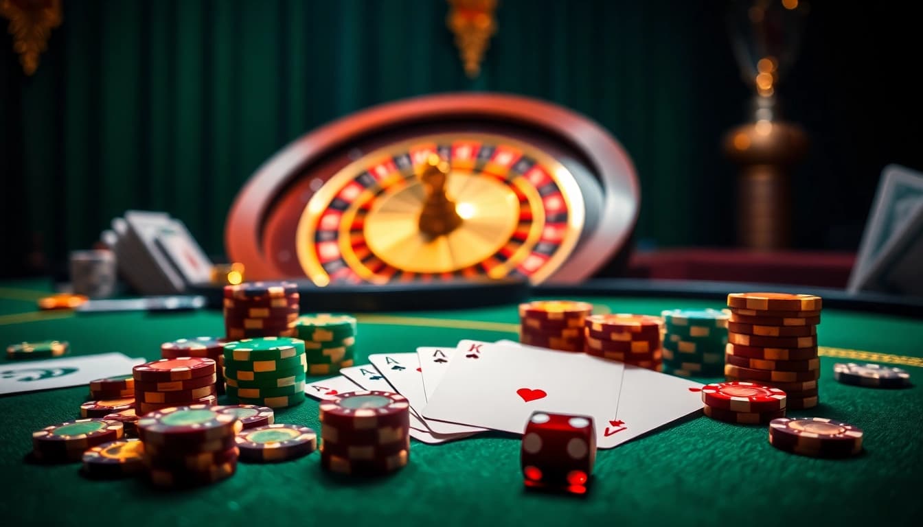 Feel the thrill of 33WIN at a luxurious casino table filled with vibrant poker chips and cards.