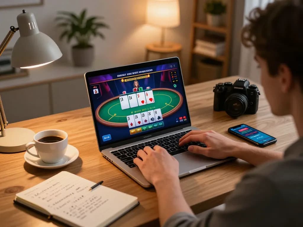 Engaged player strategizing poker gameplay on laptop, showcasing alc88 gaming interface filled with excitement.