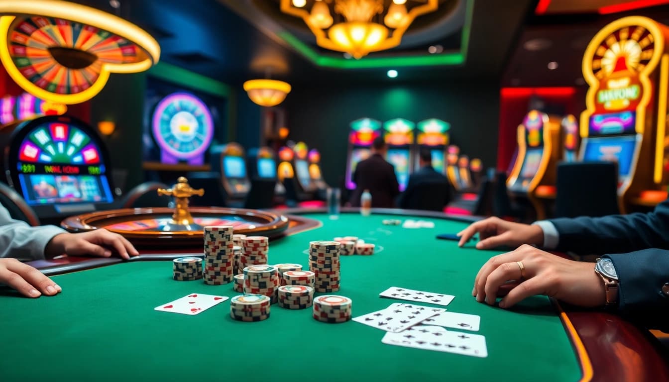 Experience the luxury of gambling with HM88 at a vibrant poker game surrounded by excitement.