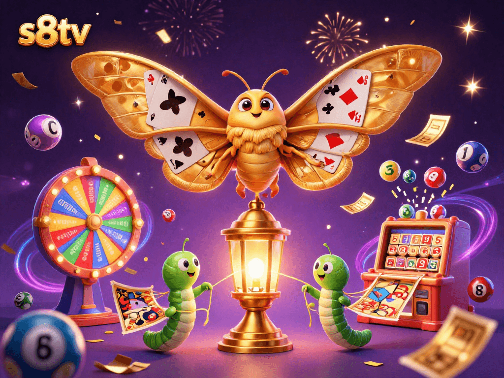 Experience thrilling gaming action with S8TV's dynamic and vibrant illustration featuring golden moths and casino scenes.