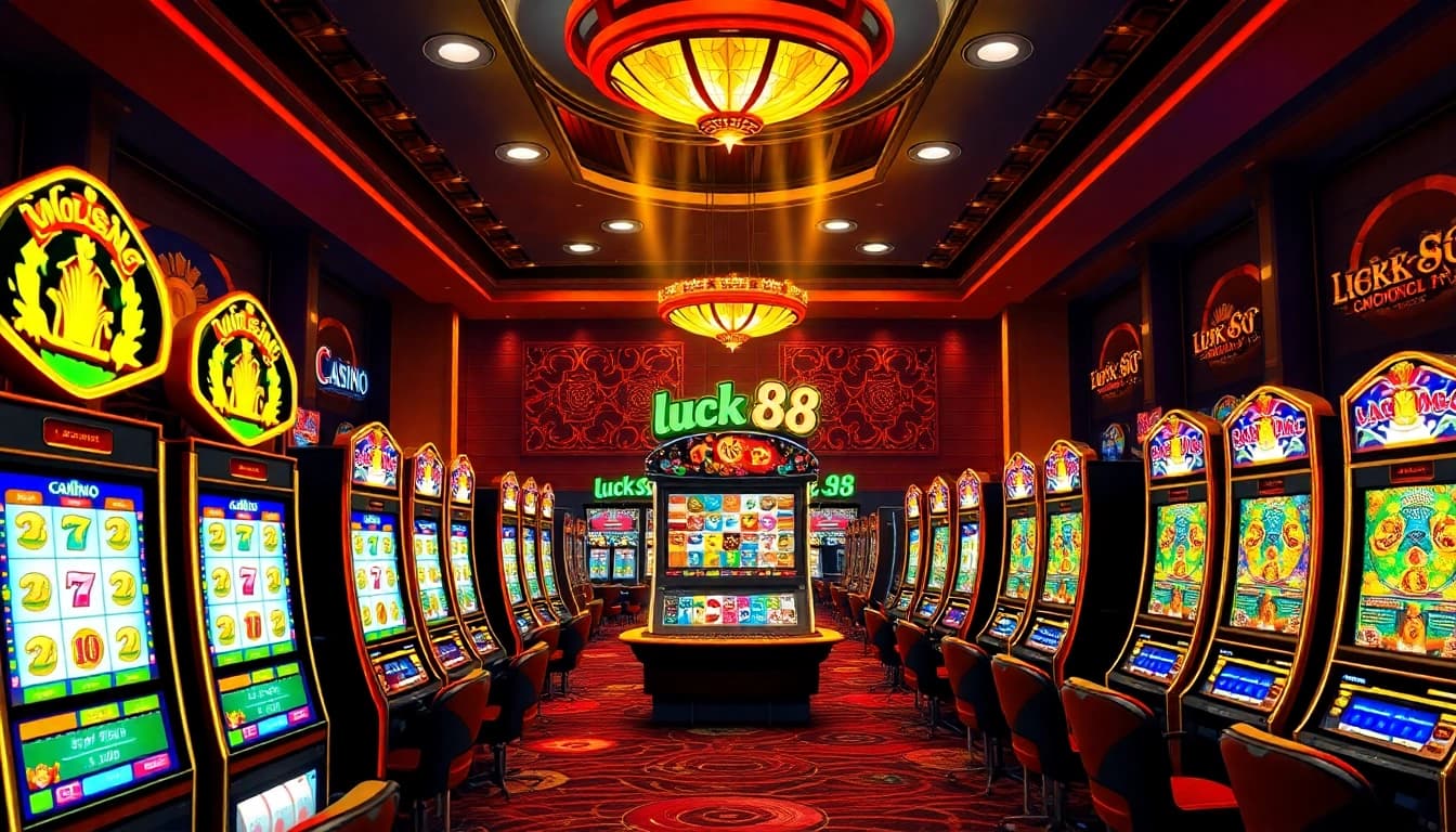 Experience the excitement of luck88 on the casino floor filled with slot machines and vibrant gaming lights.