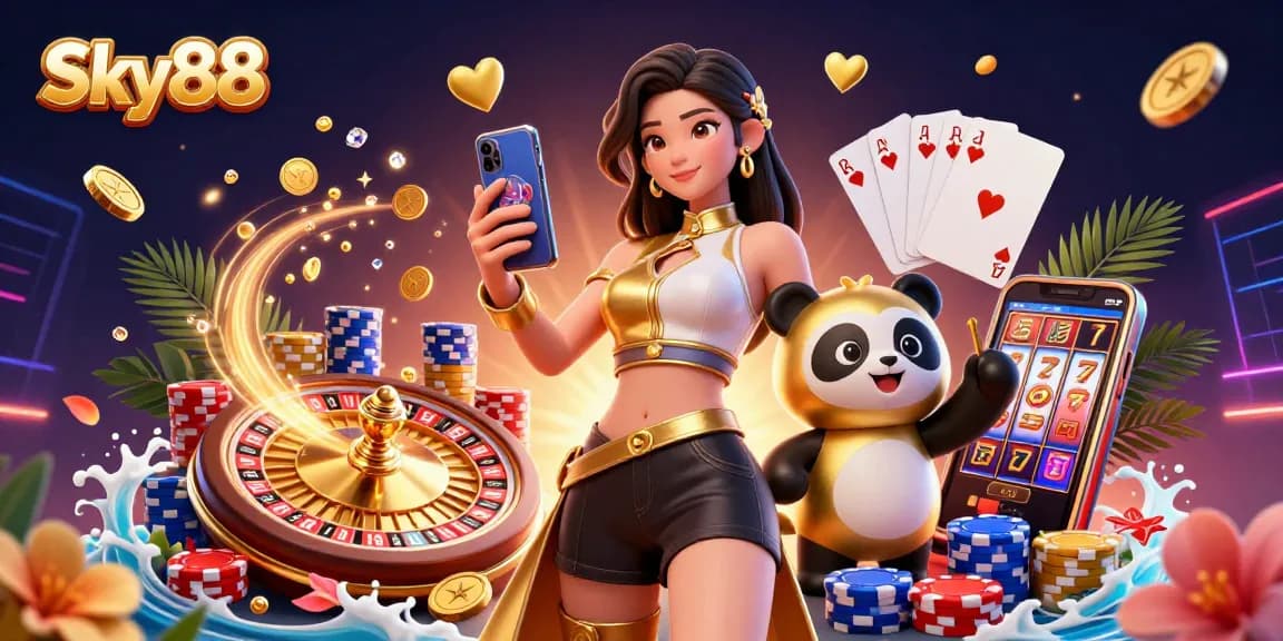 Engage with Sky88's vibrant casino experience featuring a stylish woman alongside a playful panda mascot.