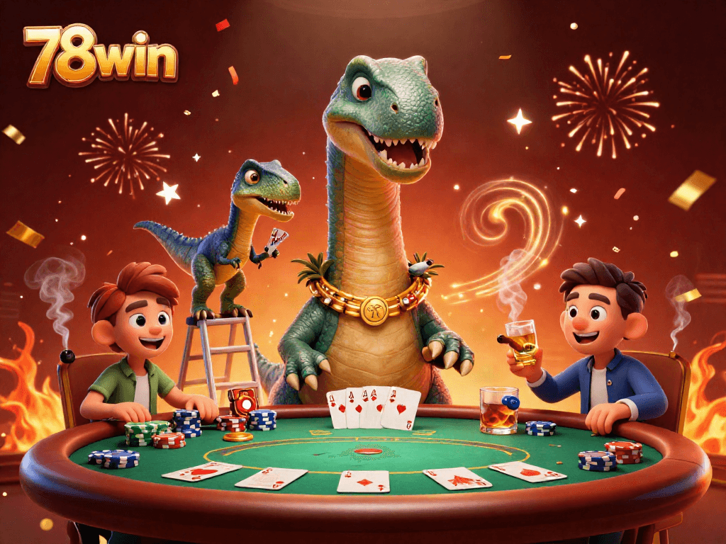 Engage in the excitement at 78win with a playful casino scene featuring a brontosaurus at the poker table.
