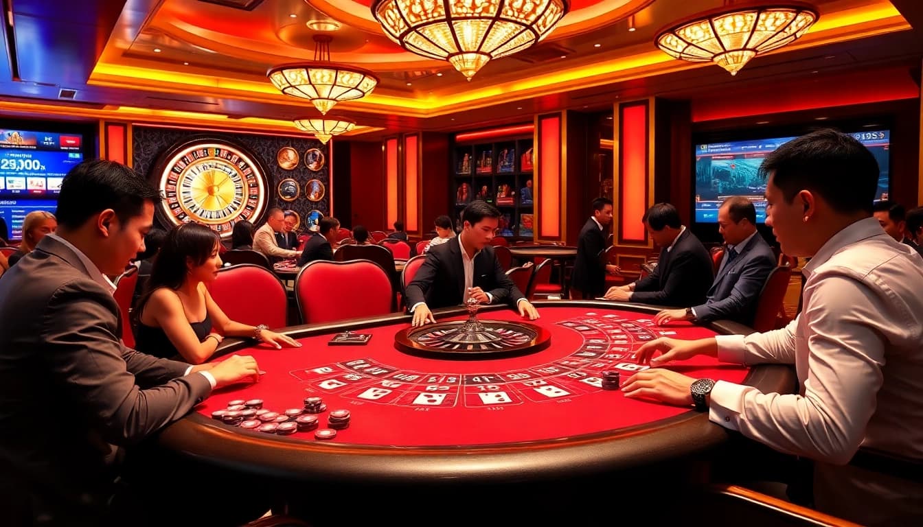 Engaged players enjoying an exhilarating game on 789win com amidst a luxurious casino atmosphere.
