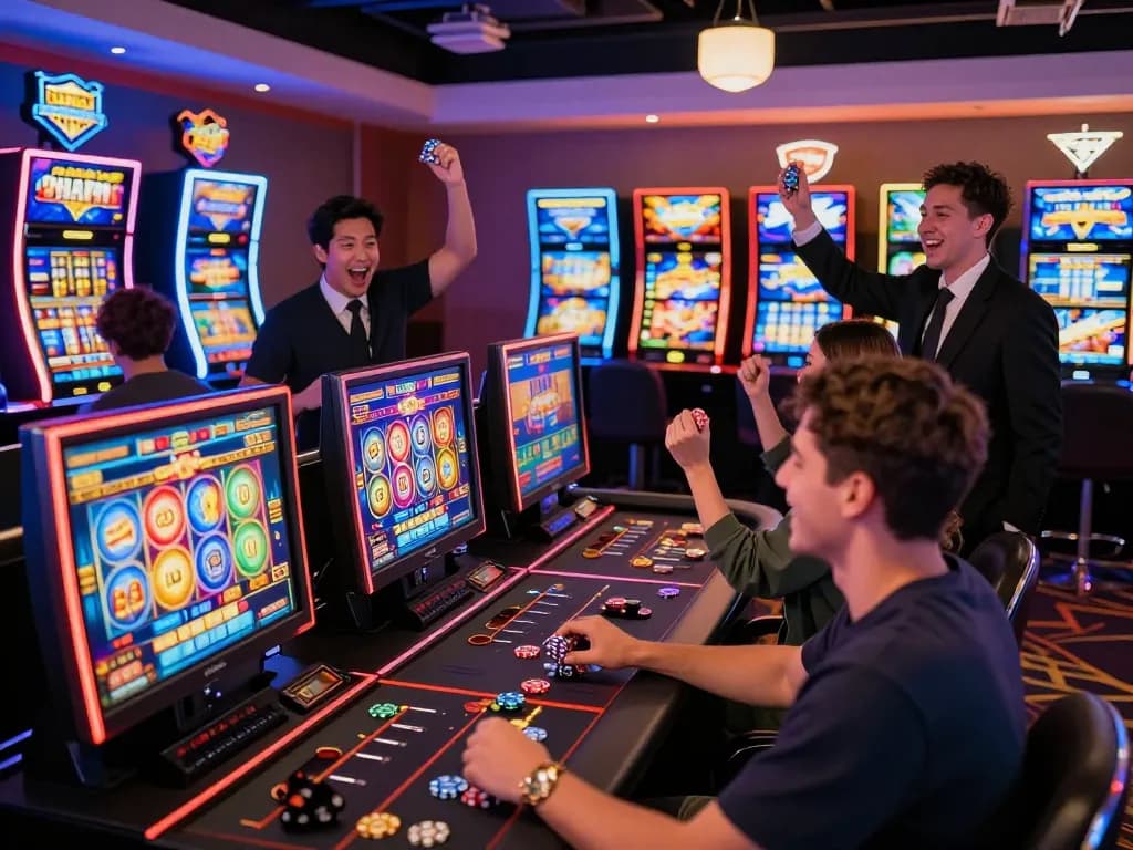 Players enjoying games at the TG88 online casino, celebrating wins in a vibrant setting.