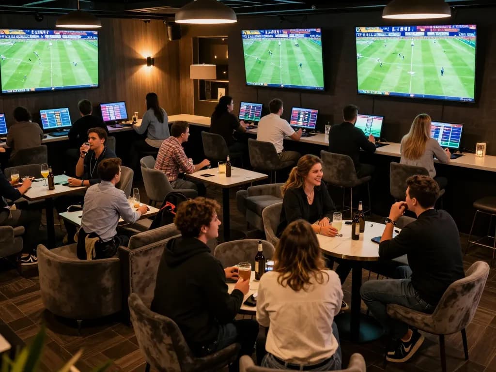 Active patrons analyzing kèo nhà cái during a live sports betting event, showcasing excitement and strategy.