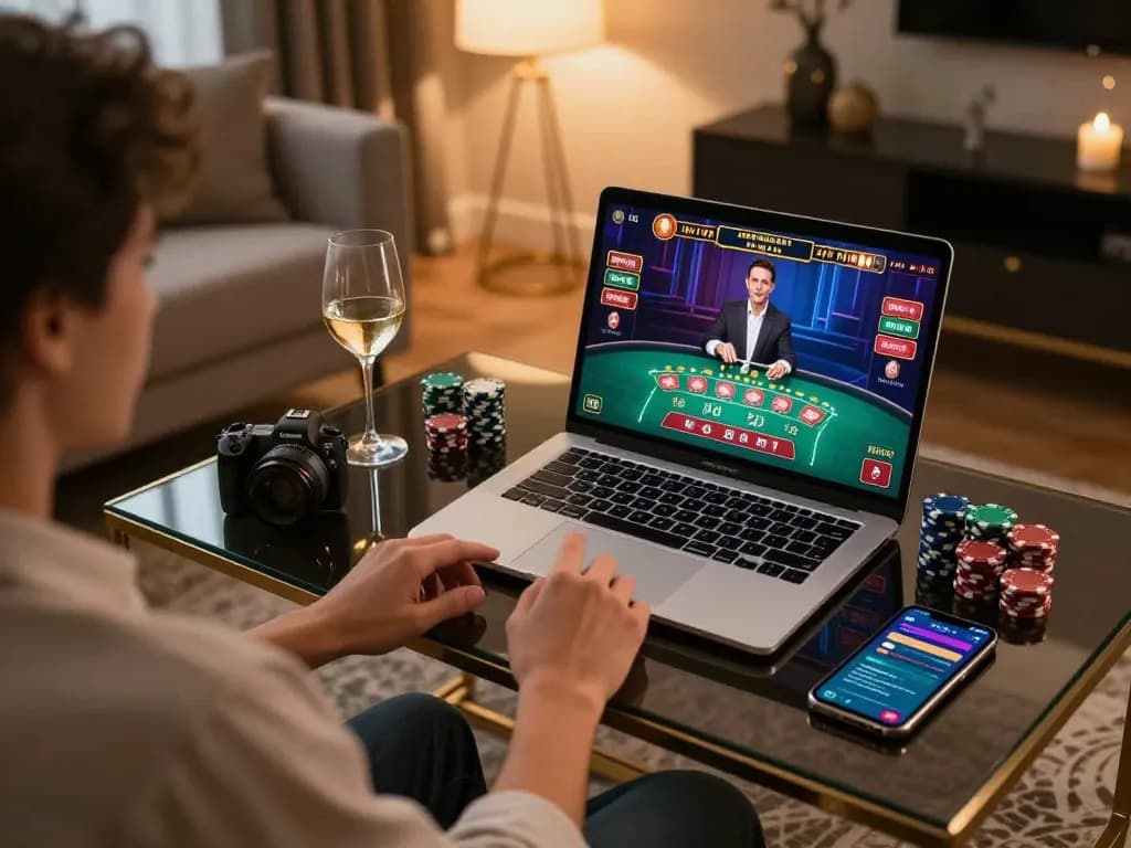 Engaged player enjoying online blackjack at home with uu88me on screen, showcasing luxurious gaming setup.