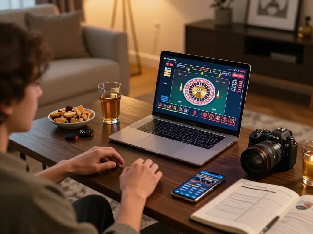 Fly88 player enjoying a live dealer game on laptop in a cozy home setup.