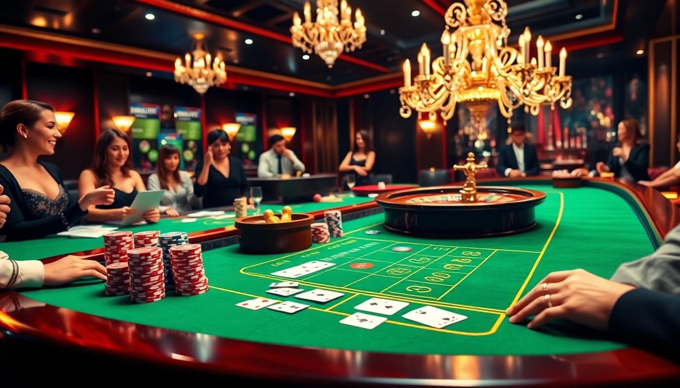 Excited players engaging in poker and roulette at dagaz.com.co, showcasing a luxurious casino atmosphere.