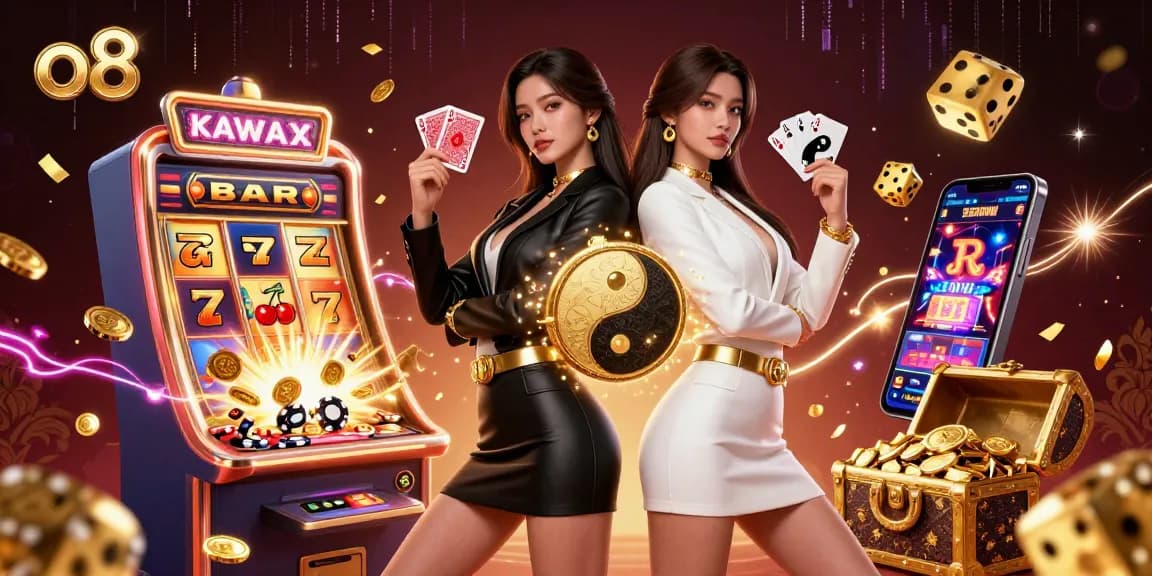Experience thrilling games at O8, featuring twin Asian women with cards and jackpot elements.