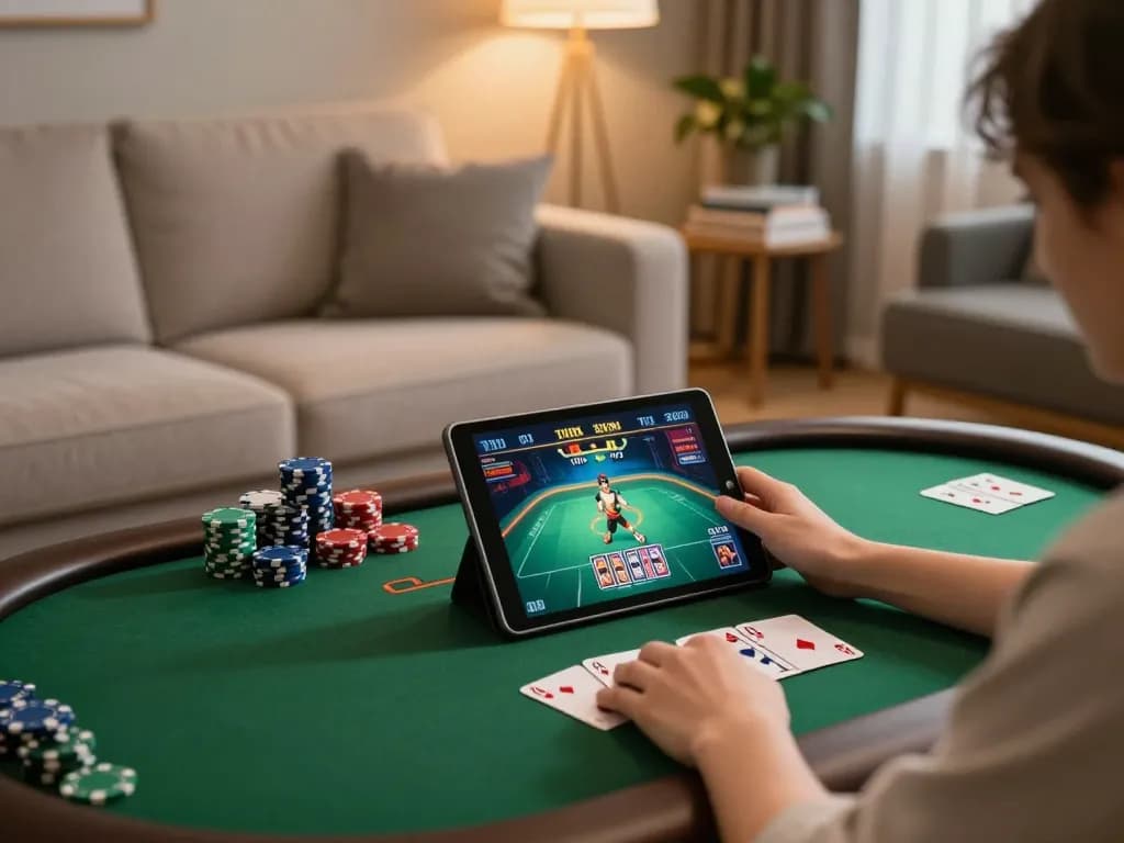 Engaging in a game of go 88 poker on a tablet in a cozy living room atmosphere.