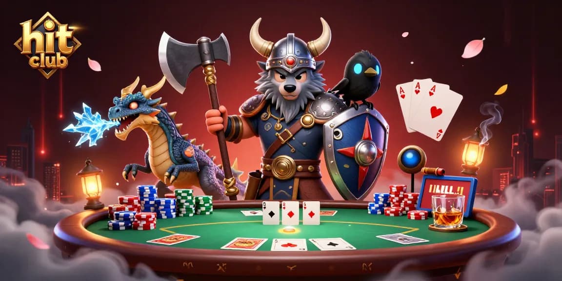 Engage in thrilling gameplay at hit club with Viking wolf, dragon, and poker elements.
