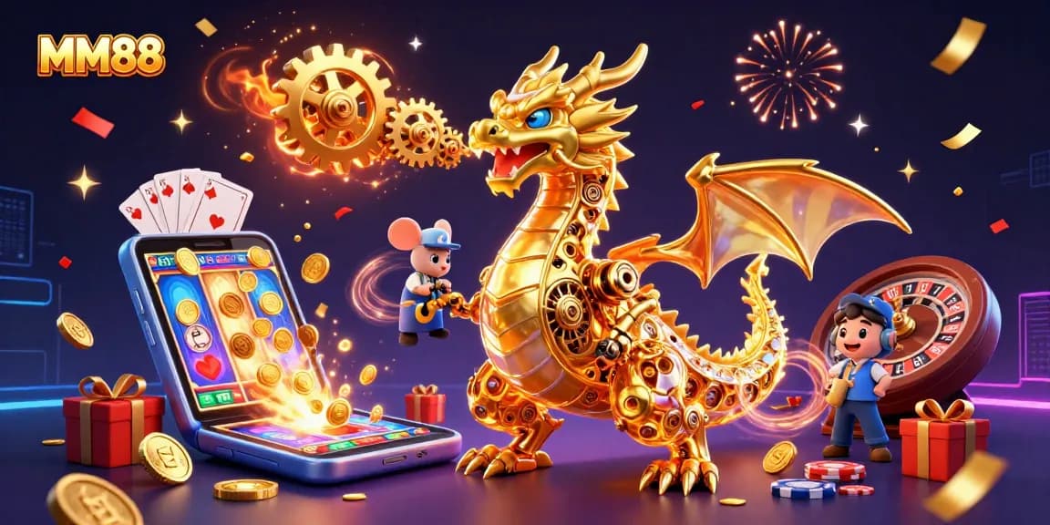 Experience the excitement of MM88 with spinning slot reels and vibrant casino elements.