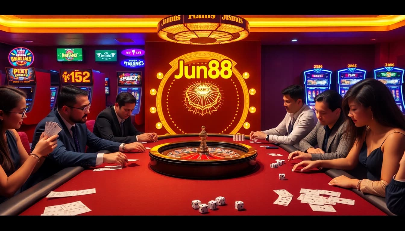 Experience the thrill of gambling at Jun88 with players enjoying high-stakes poker and vibrant slot machines.